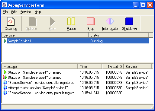 Main window of NT Service debug utility 